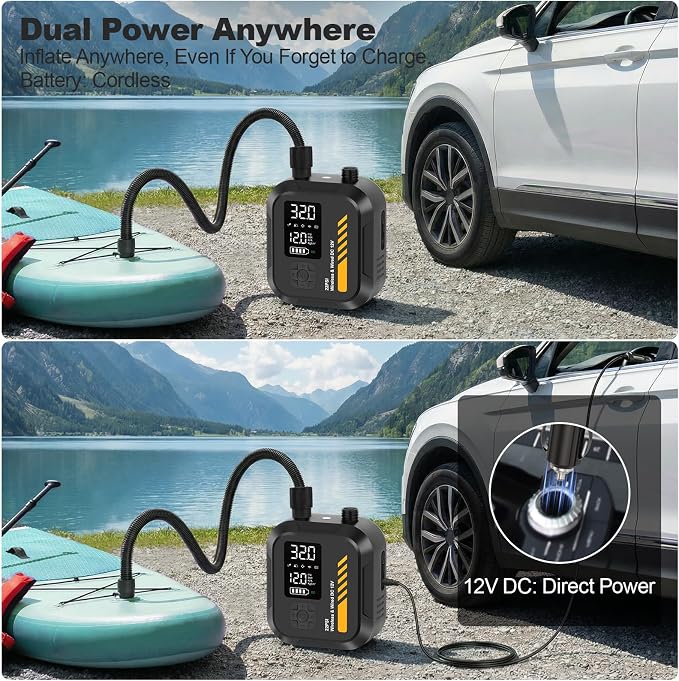 Paddle Board Pump Electric Portable,Rechargeable 22 PSI SUP Air Pump,Dual Power 7800mAh,12V DC Car Plug,Inflation Deflation,Auto-Off,for Paddleboard,Kayak,Kite,Tent,Kayaks