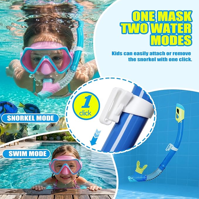 DRMAWIN Snorkeling Gear for Adults & Kids, Dry-Top Snorkel Set with 180° Tempered Glass Mask, Anti-Fog Anti-Leak, Travel Mesh Gear Bag