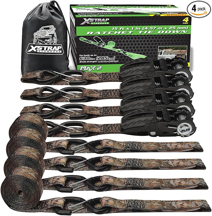 XSTRAP STANDARD 4-Pack Ratchet tie-Down Straps (1" x 15 ft) Feature Integrated Soft Loops, Padded Handles, Coated S-Hooks with Safety Clips, 1890 lbs Break Strength for Motorcycles, Trucks(Camouflage)