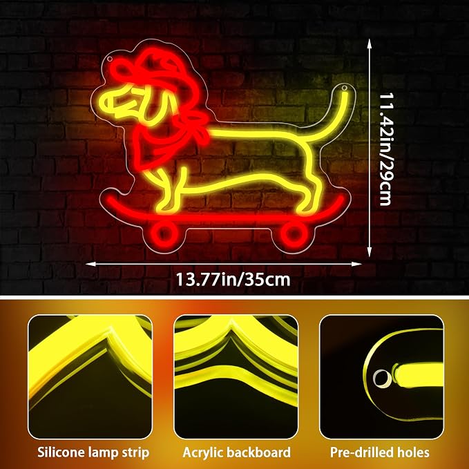 Skateboard Dachshund Neon Sign for Wall Decor Dog Neon Light for Man Cave | Dimmable Neon,Birthday Cartoon Gifts,5V USB Powered,Skateboard Club,Bar,Shop Decor, Teen Boys Bedroom Wall Art,13.8*11.4in