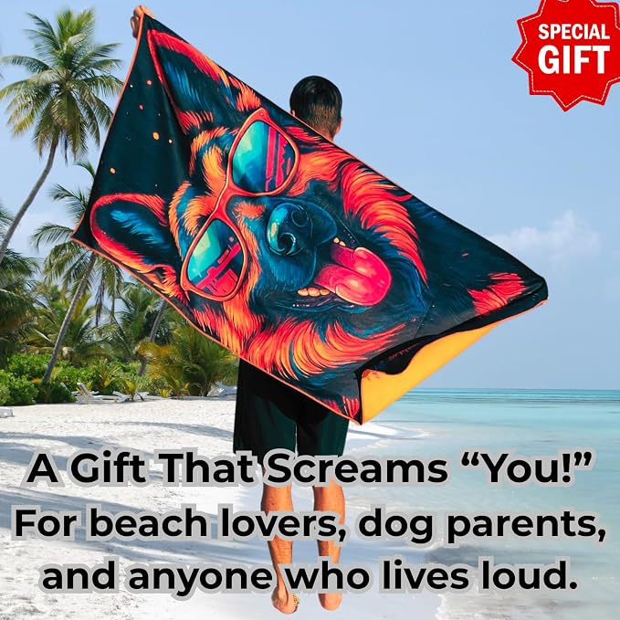 Microfiber Funny German Shepherd in Sunglasses Colorful Beach Towel for Women, Girls, Kids, Boys, Men, Plush Beach Towel, Absorbent Pool Towel Super Soft, Oversized 31x62 Inches
