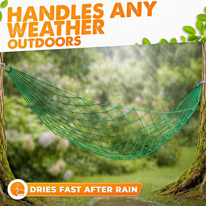 Mesh Hammock - Loop & Lounge Between Two Trees, Rope Hammocks for Outside Camping - No Stand Needed, 220 lb Capacity, Lightweight 13 oz Nylon Net Bed for Backyard Garden Patio Beach Travel, Green