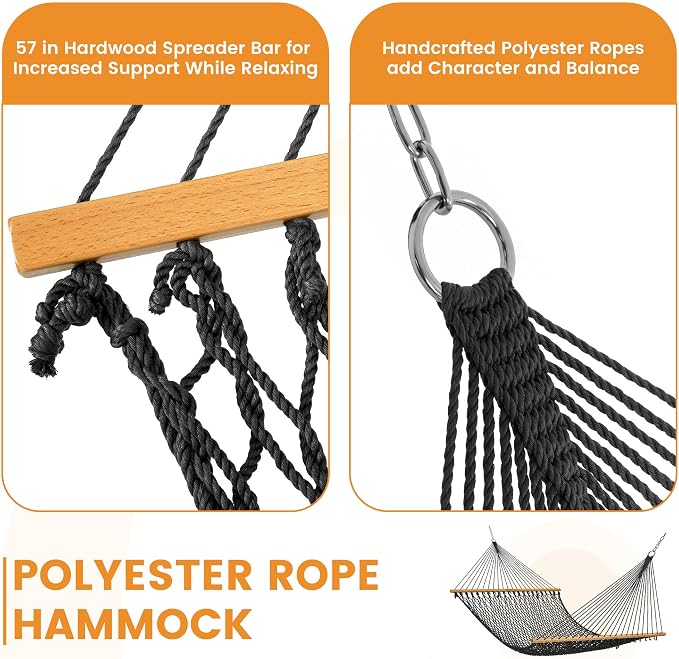 Lazy Daze Hammocks 13-FT Polyester Rope Hammock, Double 2 Person Traditional Hand Woven Outdoor Hammock with Spreader Bar, Carabiners, Tree Straps, Chains for Outside Patio- Max 450 Lbs, Grey
