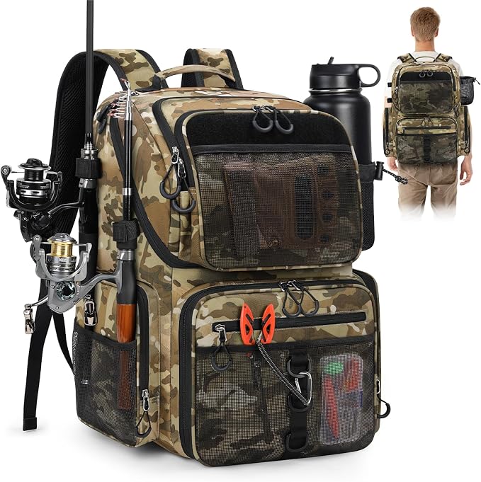 RAINSMORE 45L Fishing Backpack with Rod Holders & Rain Cover Large 900D Water-resistant Fishing Tackle Bag Store Fishing Gear