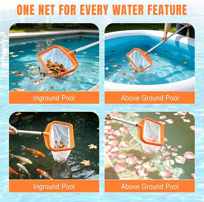Pool Skimmer Net, Heavy Duty Swimming Pool Leaf Rake, Orange Plastic Frame with Large Capacity Nylon Mesh Bag for In-Ground & Above Ground Pool, Spa, Hot Tub Debris Removal (Pole Not Included)