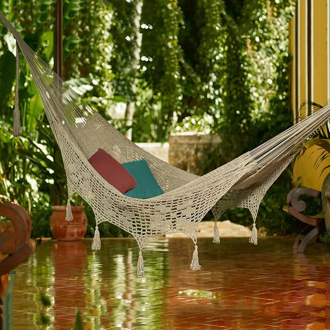 NOVICA Handmade Double Cotton Hammock Hand-Woven in Grey with Thick Tassels, Ideal for Camping and Outdoor Relaxation - 150" L with Hanging Accessories Included, Mirage in Grey'