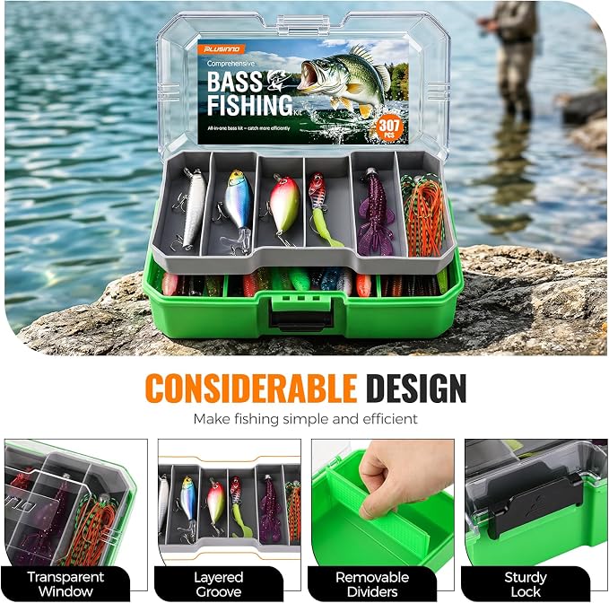PLUSINNO Bass Fishing Lures Tackle Box Kit for All Water, 307 pcs | Pro Bass Fishing Gear Kit, for Freshwater Lake, Largemouth Bass, 6 Pre-rigged Jigs, Fishing Lure Set Gifts for Men Beginners