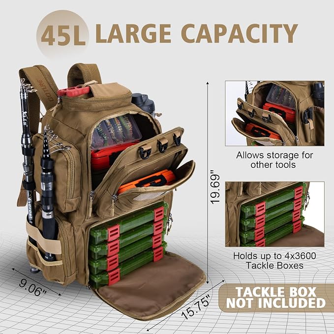 Goture Fishing Backpack,900D Water-Resistant Tackle Backpack with Rod Holders,45L Large Fishing Bag Storage Gear Tackle Bag with Rain Cover,Bottle Holder for Travel Camping Hiking(Without Tackle Box)