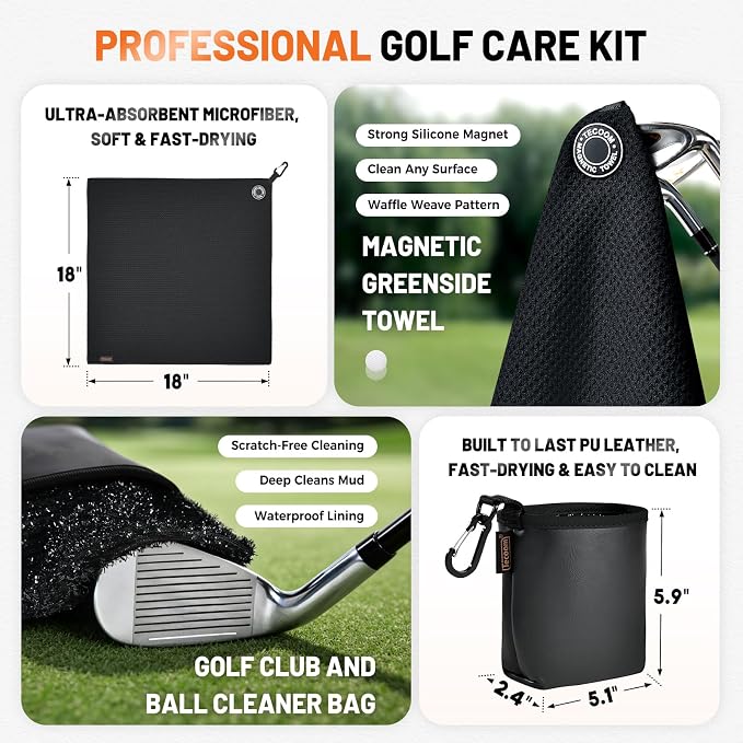 Tecoom Magnetic Golf Towel, Premium Ultra Absorbent Waffle Microfiber, Double-Stitched Edging, Strong Magnet for Golf Carts, Bags and Clubs, 18"x18" Portable Golf Accessories, Gift for Men Women