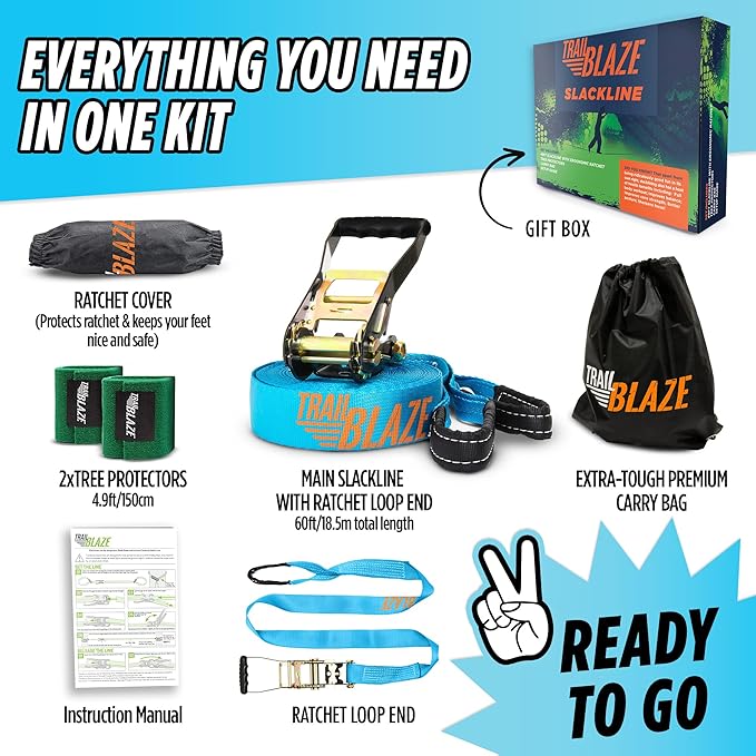 Complete Ninja Slackline Kit - 60ft Slack Line for Backyard for Kids & Adults - Wider Tree Protectors Slackline Kit for Ninja Warrior Obstacle Course for Kids Outdoor Playset (Essential Kit - Blue)