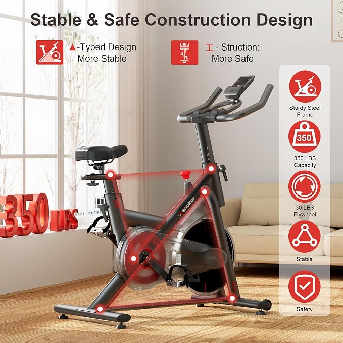 Wenoker Exercise Bike for Home – 350LB Indoor Cycling Bike, Low Noise Stationary Spin Bike with App Sync, Adjustable Seat, LCD Monitor, Smooth & Quiet for Cardio Workout