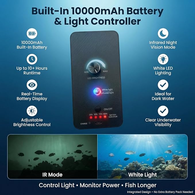 7" Underwater Fishing Camera 1080P HD Fish Finder | 12 IR + 12 White LEDs, 30m Cable, Waterproof Ice Fishing, For Boat, Lake & River