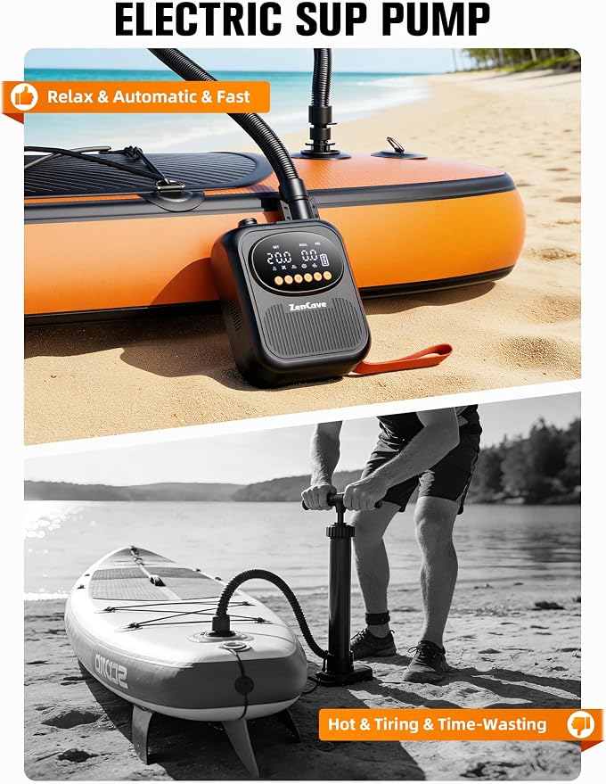 Paddle Board Pump Electric Portable: Rechargeable 20PSI High Pressure SUP Pump, Dual Stage Inflation & Deflation, Auto Shut-Off, 13500mAh Inflates 4 SUPs, 12V DC Car Connector, for Kayaks, Tents, Boat