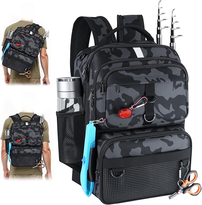 Fishing Backpack with Tackle Boxes and Rod Holder, 24L Fishing Sling Bag with Fishing Lures Kit, Fishing Gear Bag Gifts for Men Women - Camo Backpack
