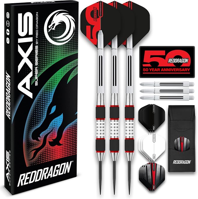 RED DRAGON Axis Professional Darts Set - 85% Tungsten Darts with Flights, Shafts & Wallet, Soft Tip 18g and Steel Tip 24g - 28g