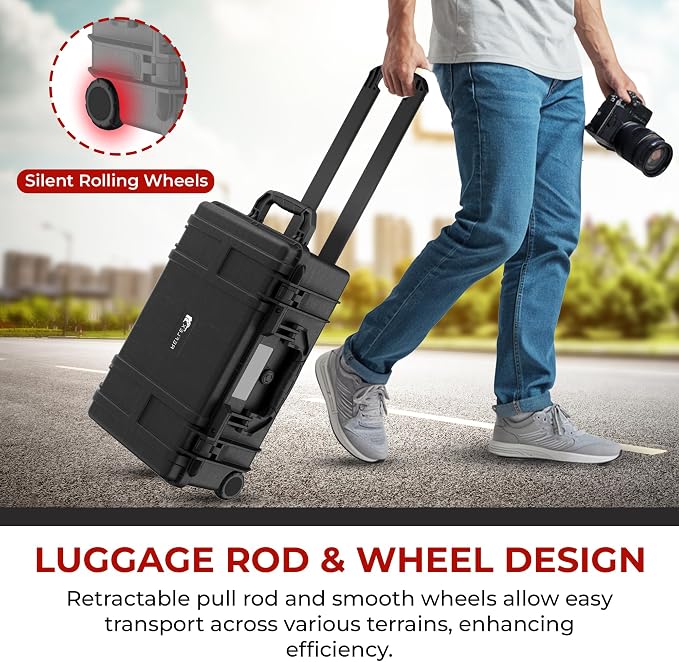 Reflex Camera Large Protective Hard Camera Case suitable for Drones, Lens, DSLR & Guns. Smooth Rolling Wheels, Waterproof IP67, Shockproof (Rolling Hard Case with Foam)