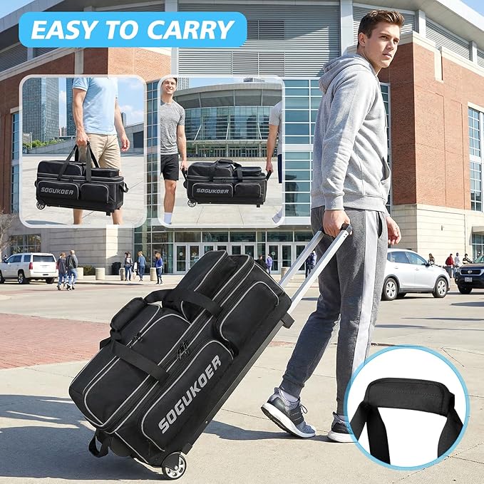 3 Ball Bowling Bags with Wheels, Premium Bowling Bags 3 Ball Roller - 900D Reinforced Oxford, Bowling Ball Bag with Large Separate Shoe Compartment & Accessory Pocket