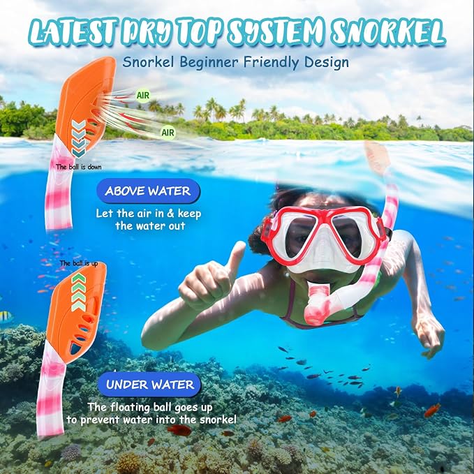 Snorkeling Gear for Kids, 4 in 1 Child Mask Fins Snorkel Set with Panoramic View Anti Fog Mask, Dry Top Snorkel, Trek Fins and Travel Bag, Kids Snorkeling Set with Fins for Snorkeling Swimming