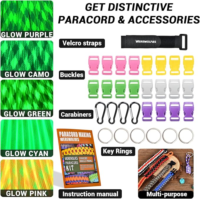 WEREWOLVES 550 Paracord Kits 100ft Each Color - 5 Colors Parachute Cord Combo 7 Strand Type III Parachute Cord 4mm for Crafting, Dog Collar, Survival Bracelets