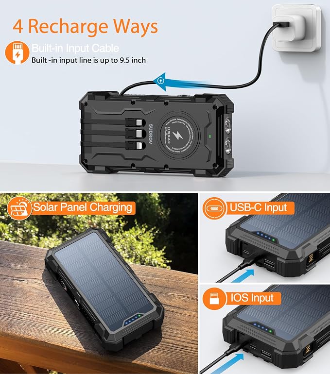 Sudrov Solar Charger Power Bank, 20000mAh Wireless Portable Charger with USB-C in/Output, QC3.0 Fast Charging 15W 4 Ports Outdoor Battery Pack Built-in LED Flashlight, for iPhone, Galaxy, iPad etc