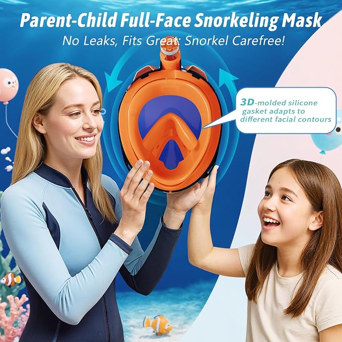 Greatever G2 Adults Kids Full Face Snorkel Mask 2 Pcs,Snorkeling Gear with Latest Dry Top System,Foldable 180 Degree Panoramic View,Safe Breathing,Anti-Leak&Anti-Fog Snorkeling Mask with Camera Mount