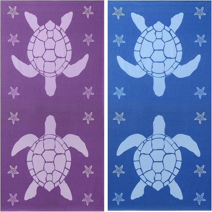 Jessy Home Microfiber 4 Pack Beach Towel Set, 40x70in Oversized Beach Towel, Quick-Dry Sand-Free Highly Absorbent Swim Towel, Soft Pool Towel, Marine Mixed Prints of Starfish & Sea Turtle for Vacation