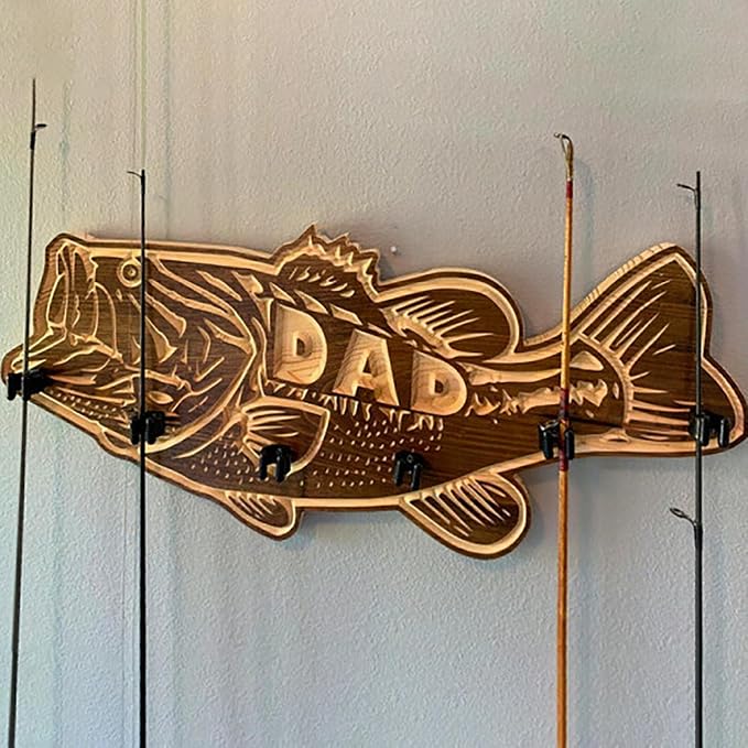 Wood Large Mouth Bass Fishing Rod Holder, Dad Favorite Wooden Fishing Rod Rack, Fishing Pole Rod Holders for Garage, Fathers Day