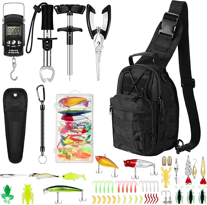 Sosation 134 Pcs Fishing Tool Fishing Tackle Box Kit and Equipment for Adults Beginner Gift, Hook Remover, Pliers Kit, Backpack Tackle Container Lures, Lip Gripper, Weigh Scale