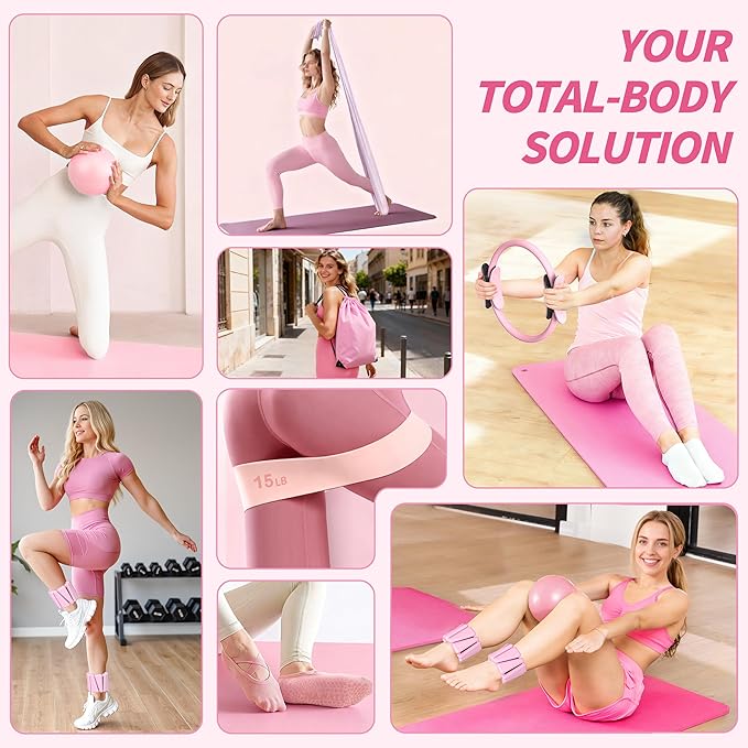 NANATI Pilates Kit, Home Pilates Workout Kit for Women, Pilates Equipment with 14.5" Pilates Ring and Ball, Resistance Bands, Ankle Weights, Sliders & Grip Socks for Home Workouts