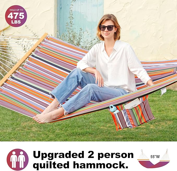 GAFETE Hammock 2 Person Quilted Fabric Hammocks for Outside, Double 12ft Hammocks with Spreader Bar, Large Removable Pillow, Storage Bag, Carabiners, Max 475 lbs Capacity (Canyon Sunset)