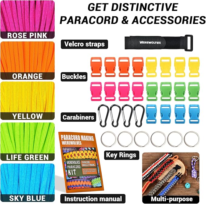 WEREWOLVES 550 Paracord Kits 100ft Each Color - 5 Colors Parachute Cord Combo 7 Strand Type III Parachute Cord 4mm for Crafting, Dog Collar, Survival Bracelets