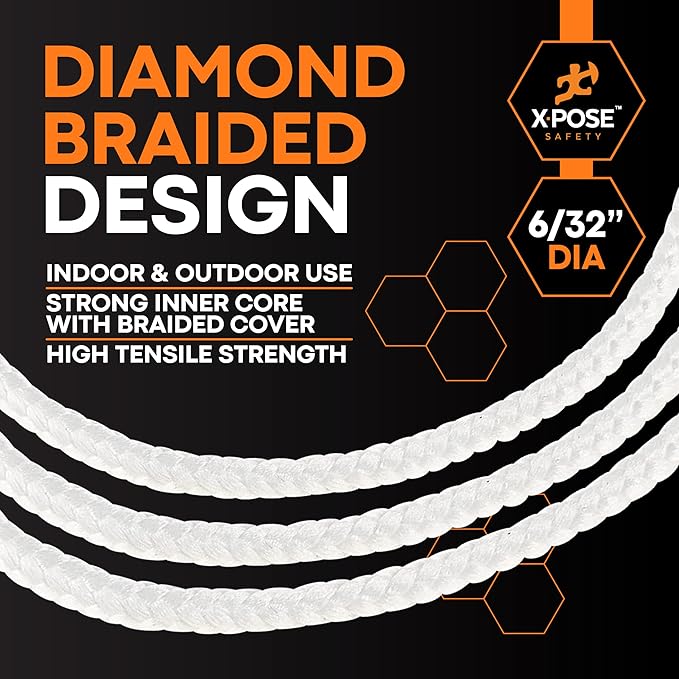 Xpose Safety Diamond Braided Clothesline Rope 6/32" x 100 ft, White Polypropylene Heavy Duty Braided Cord for Clothesline, Camping, Tents, Flagpole, Hoist, Pulley & Outdoor Use, 6 Pack