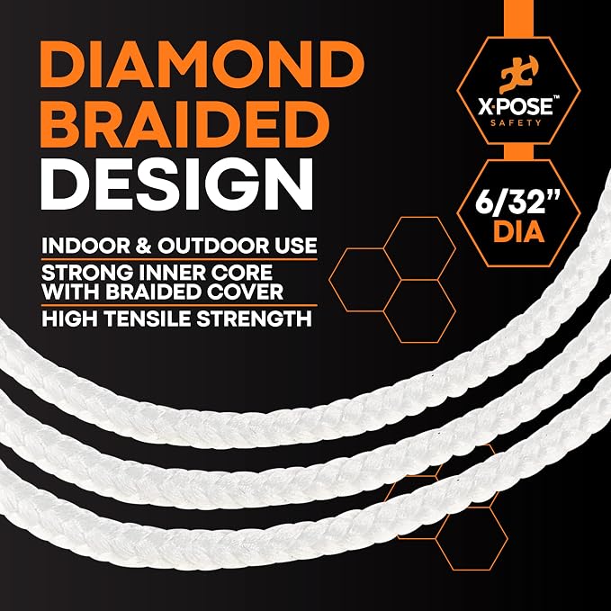 Xpose Safety Diamond Braided Clothesline Rope 6/32" x 100 ft, White Polypropylene Heavy Duty Braided Cord for Clothesline, Camping, Tents, Flagpole, Hoist, Pulley & Outdoor Use, 1 Pack