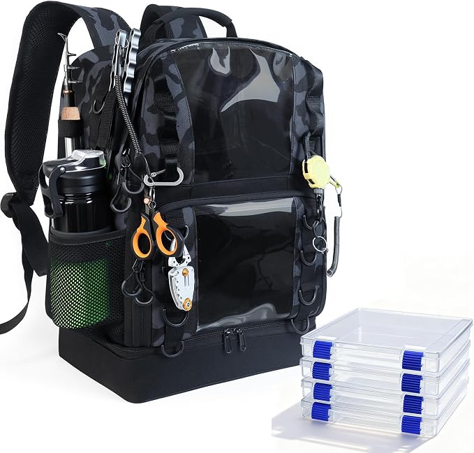 Fishing Tackle Backpack with 4 Tackle Boxes,45L Large Tackle Bag with 2 Rod Holders & Clear Window,Outdoor Fishing Backpack for Fishing,Camping,Hiking,Camouflage