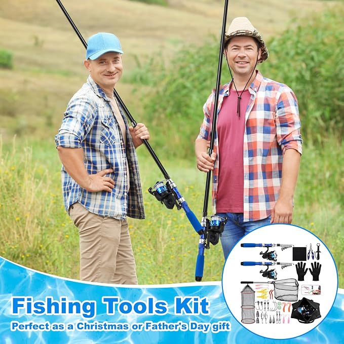 51 Pcs Fishing Rods Combo 6.89ft Telescopic Freshwater Pole Set with Plier Lip Gripper Lures Carrier Bag Pre Loaded Spinning Reel with Freshwater Rod Reel Kit Father Men Gift