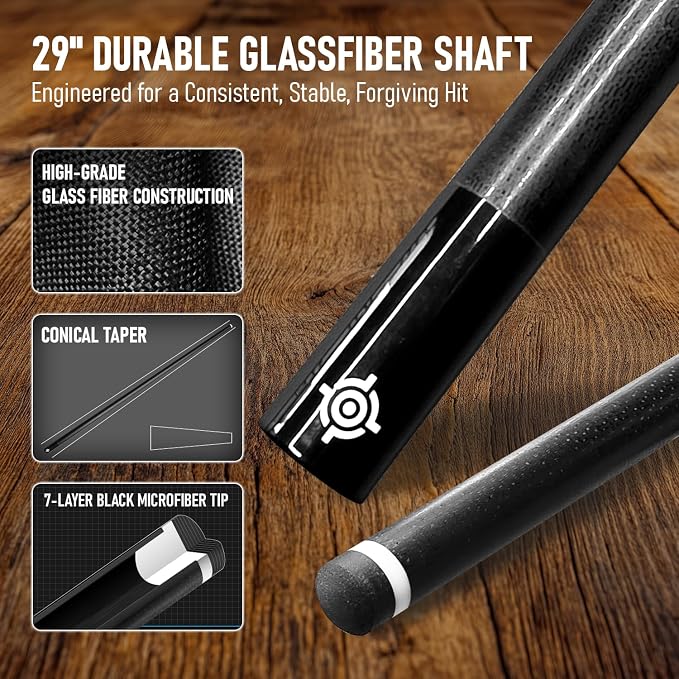 Series, Glass Fiber Pool Cue Stick, Uni-QR, 3/8-10, 5/16-18 Joint, Synthetic Leather Grip, 29" Glassfiber Shaft, 7-Layer Microfiber Tip