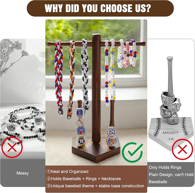 SkillDance Wooden Baseball & Softball Ring and Necklace Holder, Championship Ring Display with Baseball Stand, 3-in-1 Home Plate Baseball Jewelry Organizer, Gift for Baseball Players & Fans