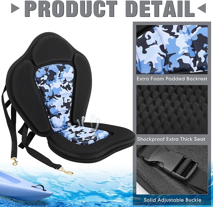Lewtemi Thicken Kayak Seat with Back Support Canoe Paddle Board Seat with Detachable Storage Bag Adjustable Sit on Top Paddleboard Cushion for Kayaking Canoeing Rafting