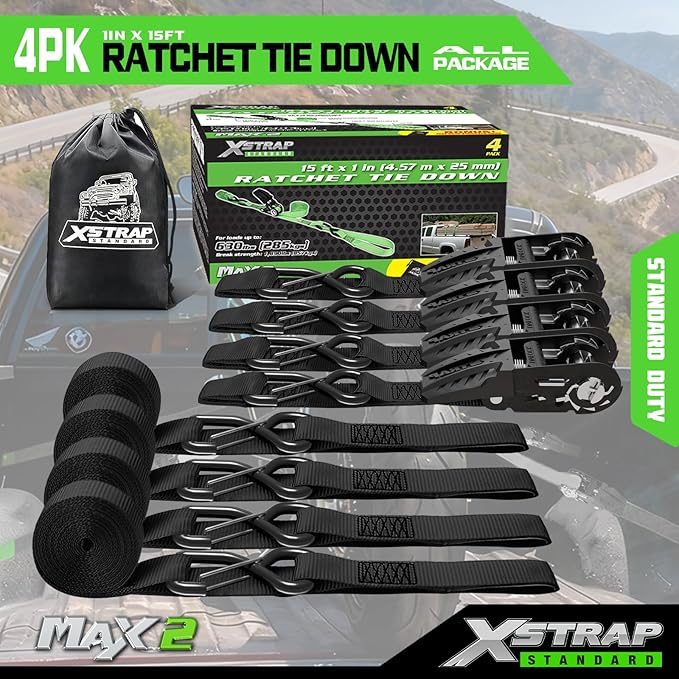 XSTRAP STANDARD Motorcycle Ratchet Tie Down Straps - 4 Pk 1'' x 15 Ft 1890 Lbs Break Strength-Cargo Straps with Integrated Soft Loops, Padded Handles & Coated Safety Clip for Motorcycle, Truck(Black)