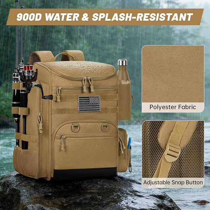 40L Fishing Backpack Water Resistant Fishing Tackle Bag with 2 Rod Holders, Tackle Storage Bag for Anglers(Khaki,Bag Only)