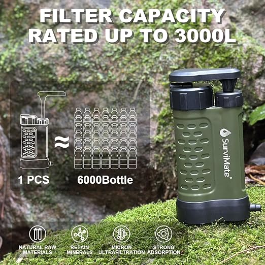 SurviMate Water Purifier Survival Pump，0.01 Micron 5-Stage Water Purifier System，Hand Pump Water Filter Portable Outdoor Emergency，Camping, Hiking, Backpacking