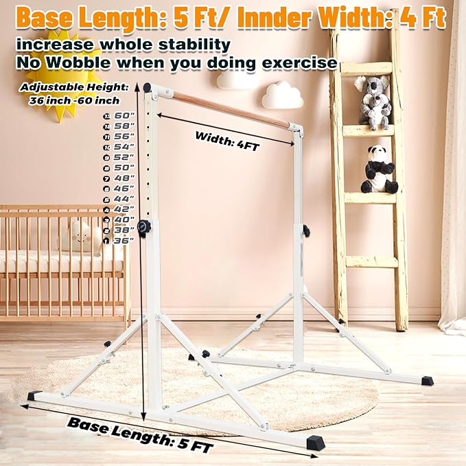 MARFULA 4FT/5FT Gymnastic Bar Set Gymnastics Kip Bar with 5 Ft Length 4Ft Inner Width 5ft Adjust Height Gymnastics Training Bar Equipment for Kids Professional Training Home and Club Use