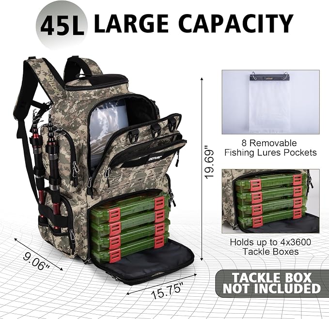 Goture Fishing Backpack,900D Water-Resistant Tackle Backpack with Rod Holders, SBS Zippers,45L Large Fishing Bag Storage Gear Tackle Bag with Rain Cover, Bottle Holder for Travel Camping Hiking