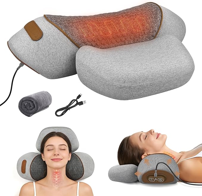 Neck Massager Pillow with Heat- Neck & Shoulder Support with Vibration & Airbag Traction for Pain Relief Deep Tissue, Cervical Hump Corrector Massage Pillow 3D Ergonomic