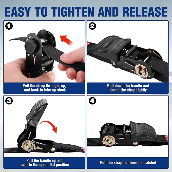WORKPRO Ratchet Straps, 4-Pack | 1" x 15' | 1650 lbs Break Strength Heavy Duty Ratchet Tie Down Straps with 4PC Soft Loops, Fits for Moving Appliances Motorcycle ATV Truck (Black)