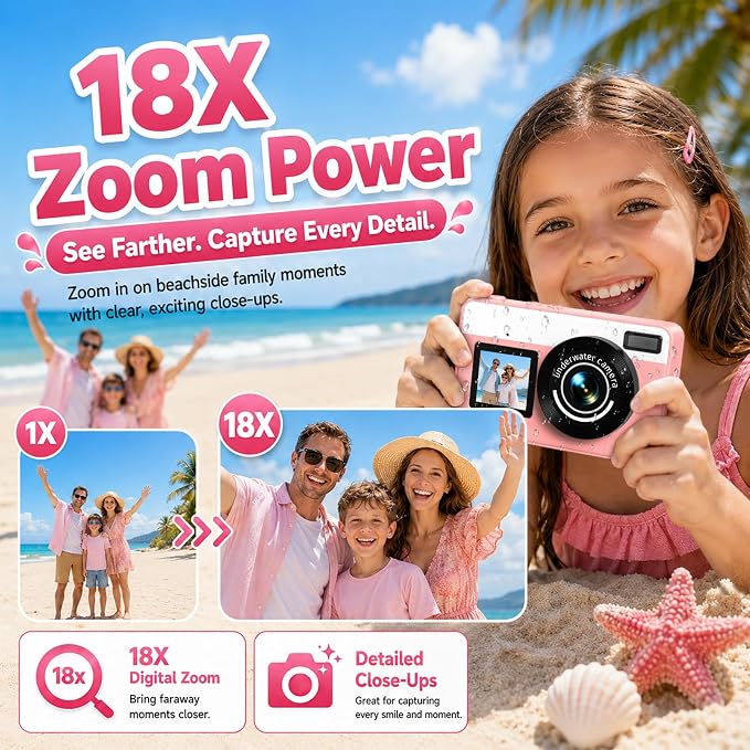 Maxmango D70 Underwater Camera, 10FT Waterproof Digital Camera for Pool & Beach, 4K 48MP Teens Underwater Cam with Dual Screens, Autofocus, 18X Zoom, Floating Camera for Boys Girls Pink(16GB)
