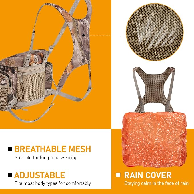 NEW VIEW Silent Hunting Binocular Harness Chest Pack with Rangefinder Pouch & Rain Cover, Stealth Bino Harness for Hunting, Fits Most Binoculars up to 10×56