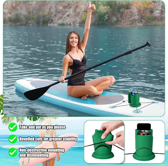 2 Pcs Paddleboard Cup Holder 2-in-1 Paddle Board and Kayak Drink and Phone Holder Paddle Board Accessories for Surfboards, Canoes, Sups, Kayaks, Boats (Green)