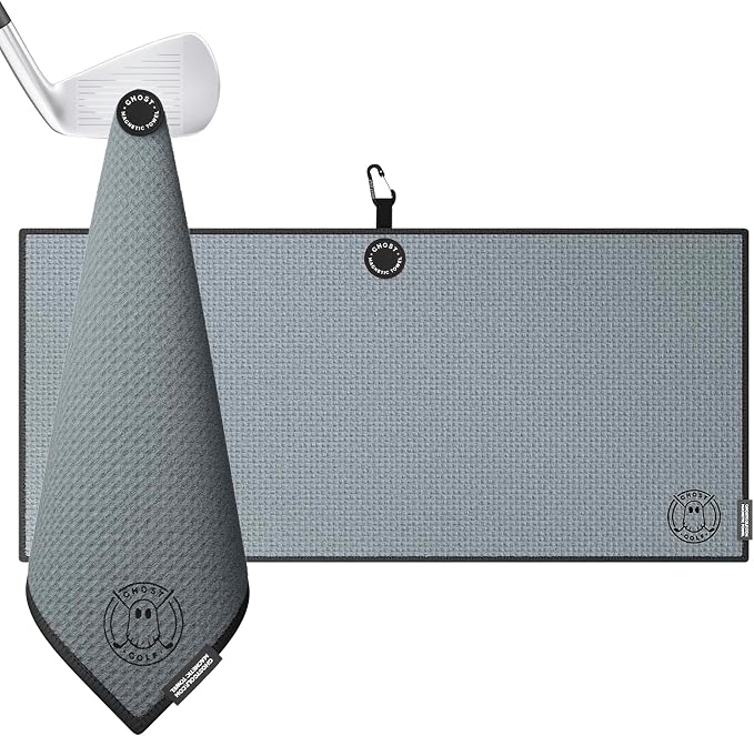Ghost Golf Magnetic Towel (Caddie) - Premium Ultra-Absorbent Microfiber Golf Towel with Magnet for Golf Carts or Clubs - 18" x 40" Golfing Gear - Waffle Weave Pattern (Dark Grey)