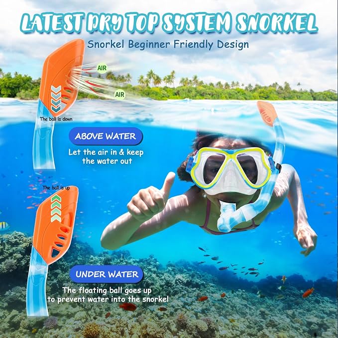 Snorkeling Gear for Kids, 4 in 1 Child Mask Fins Snorkel Set with Panoramic View Anti Fog Mask, Dry Top Snorkel, Trek Fins and Travel Bag, Kids Snorkeling Set with Fins for Snorkeling Swimming